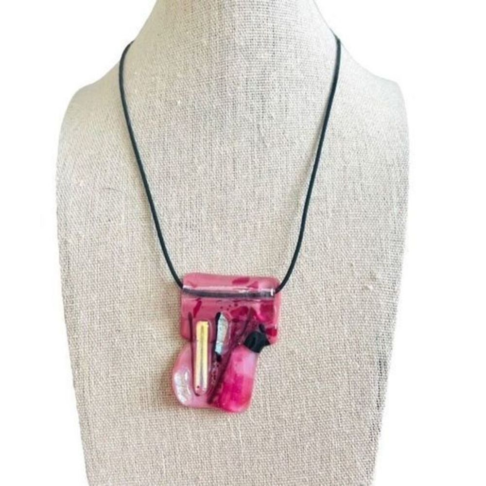 NEW Artist Made Pink Mixed Media Fused Glass Statement‎ Necklace on Stretch Cord